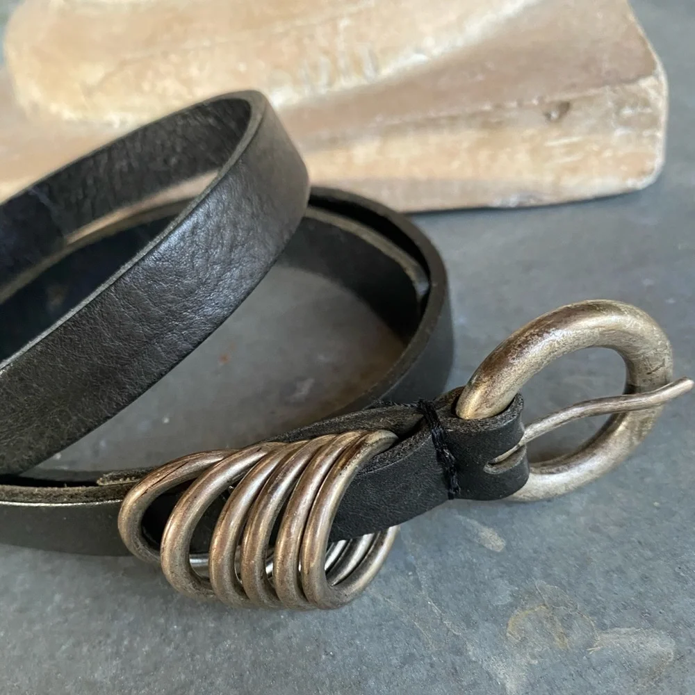 Sam Brown Netherlands Black Leather Silver Belt Rings Slim